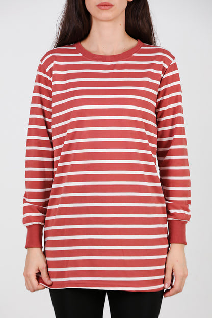 Kadın Yanı Yırtmaçlı Çizgili Tunik Gül Kurusu