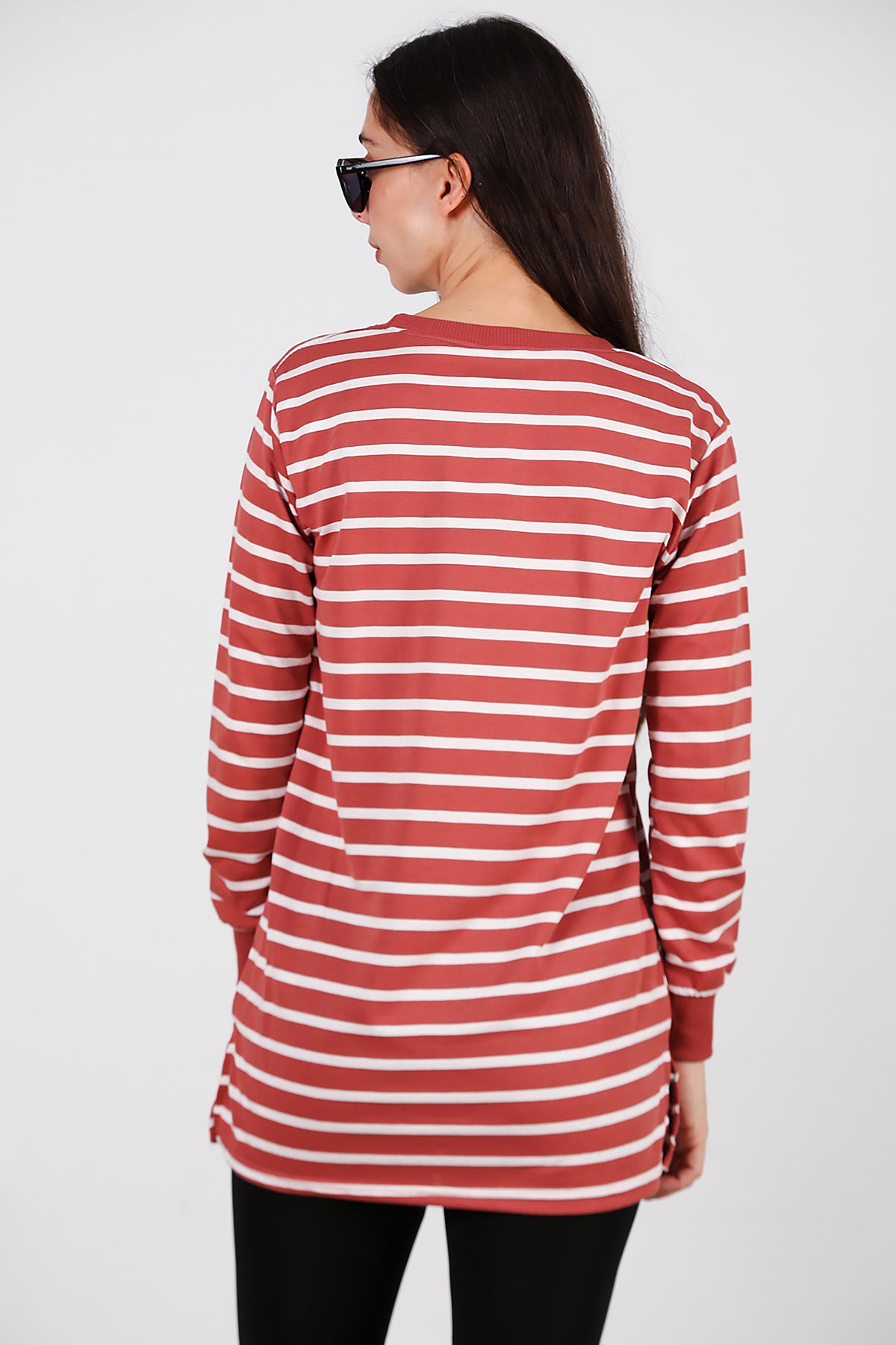 Kadın Yanı Yırtmaçlı Çizgili Tunik Gül Kurusu