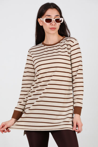 Kadın Yanı Yırtmaçlı Çizgili Tunik Kahverengi
