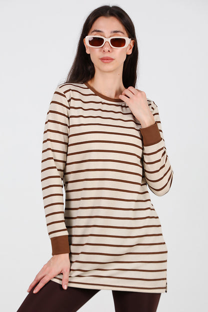 Kadın Yanı Yırtmaçlı Çizgili Tunik Kahverengi