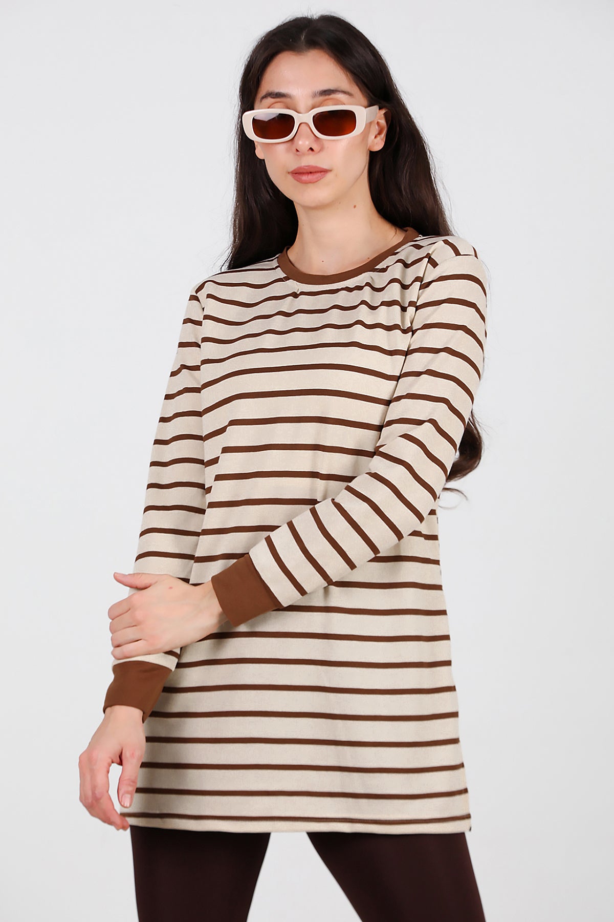 Kadın Yanı Yırtmaçlı Çizgili Tunik Kahverengi