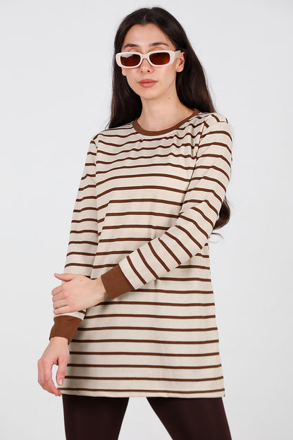 Kadın Yanı Yırtmaçlı Çizgili Tunik Kahverengi