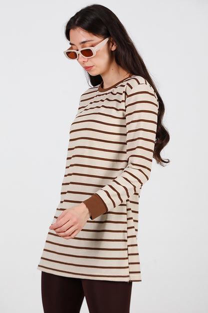 Kadın Yanı Yırtmaçlı Çizgili Tunik Kahverengi