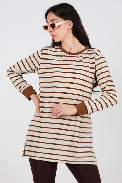 Kadın Yanı Yırtmaçlı Çizgili Tunik Kahverengi