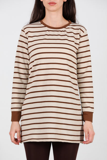 Kadın Yanı Yırtmaçlı Çizgili Tunik Kahverengi
