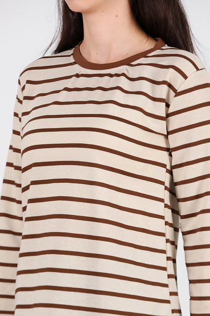 Kadın Yanı Yırtmaçlı Çizgili Tunik Kahverengi
