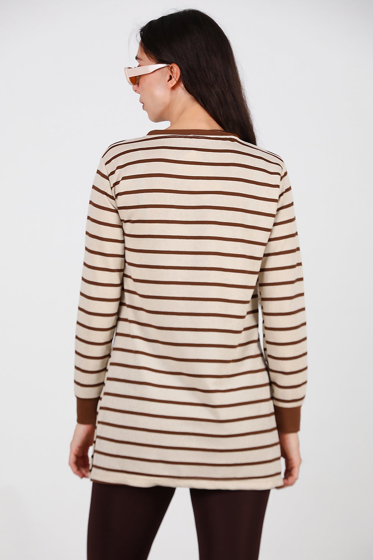 Kadın Yanı Yırtmaçlı Çizgili Tunik Kahverengi