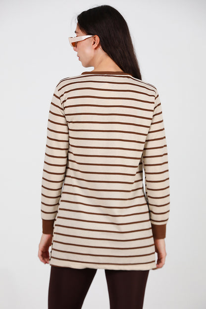 Kadın Yanı Yırtmaçlı Çizgili Tunik Kahverengi