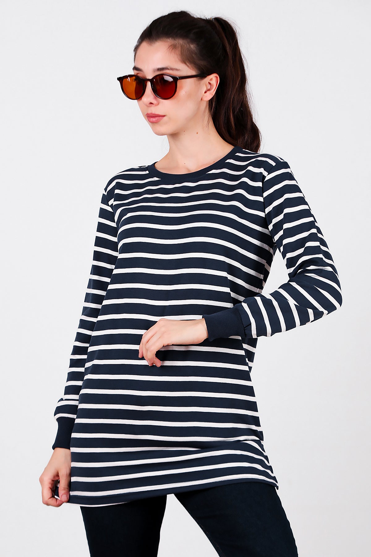 Kadın Yanı Yırtmaçlı Çizgili Tunik Lacivert