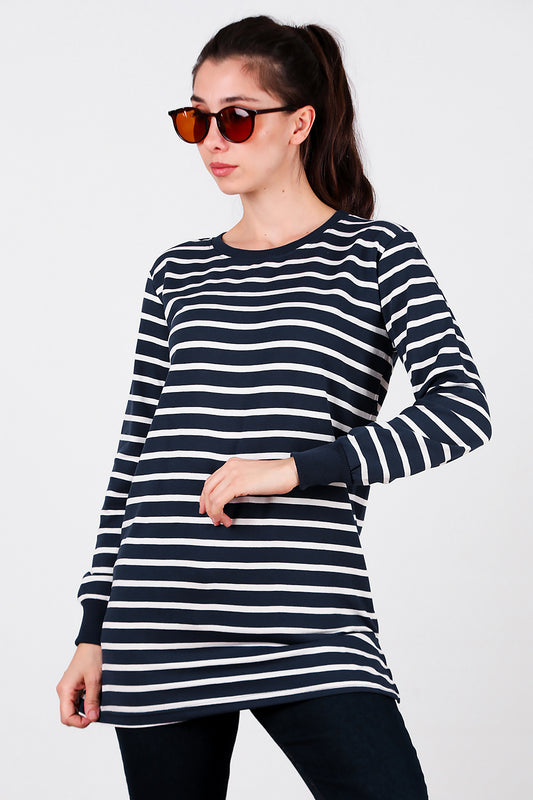 Kadın Yanı Yırtmaçlı Çizgili Tunik Lacivert