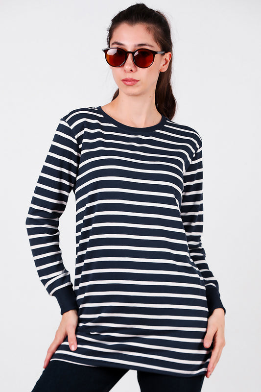 Kadın Yanı Yırtmaçlı Çizgili Tunik Lacivert