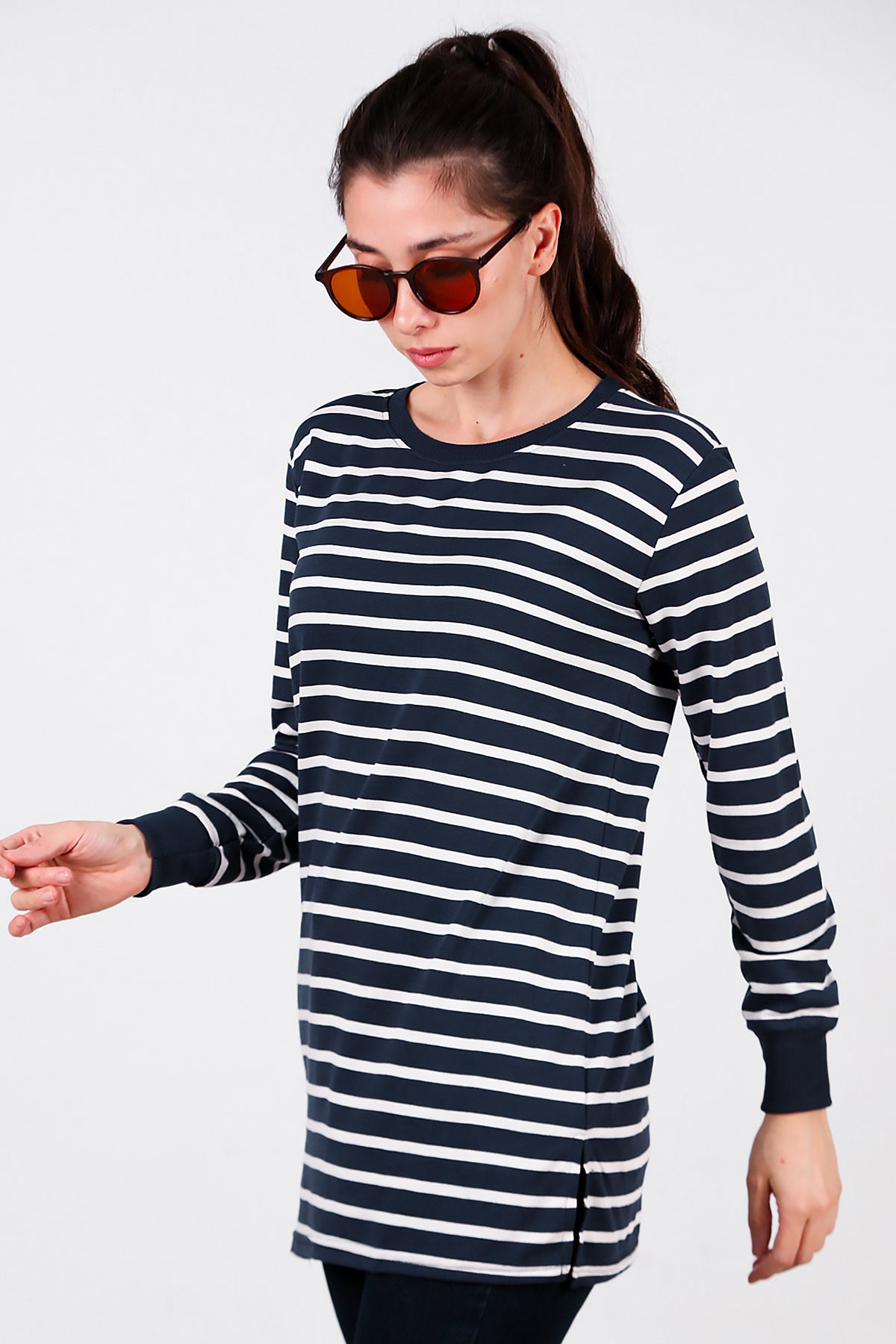 Kadın Yanı Yırtmaçlı Çizgili Tunik Lacivert