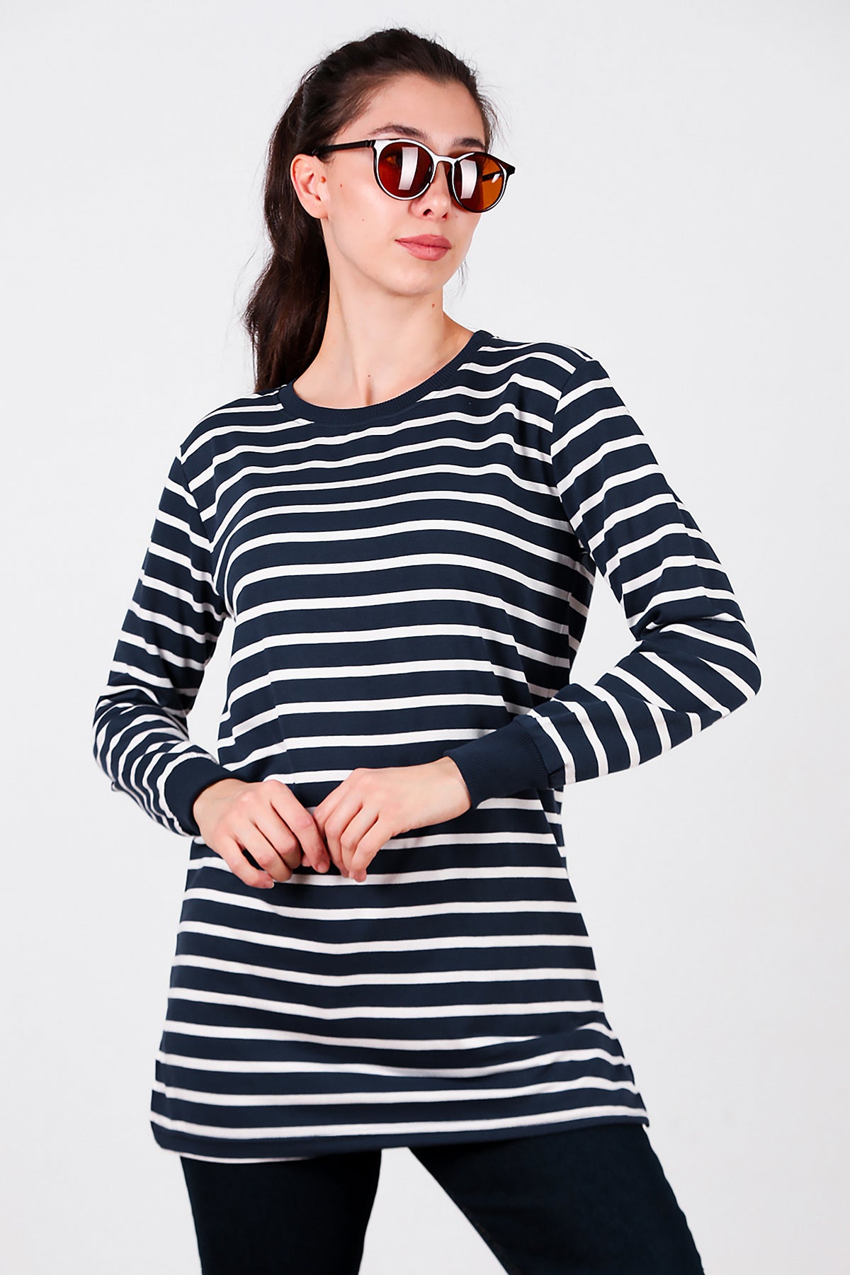 Kadın Yanı Yırtmaçlı Çizgili Tunik Lacivert