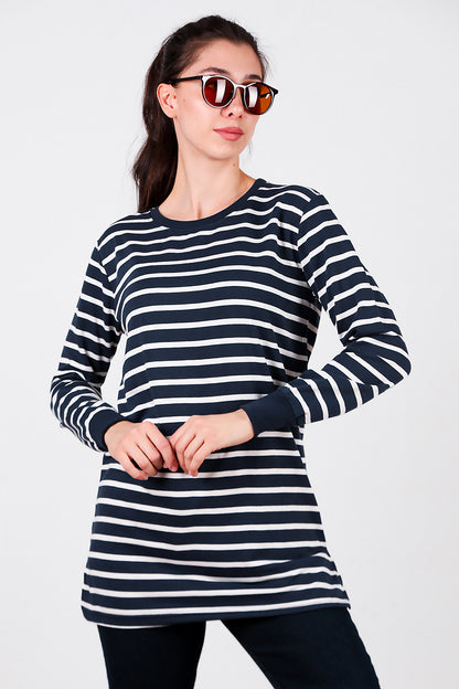 Kadın Yanı Yırtmaçlı Çizgili Tunik Lacivert