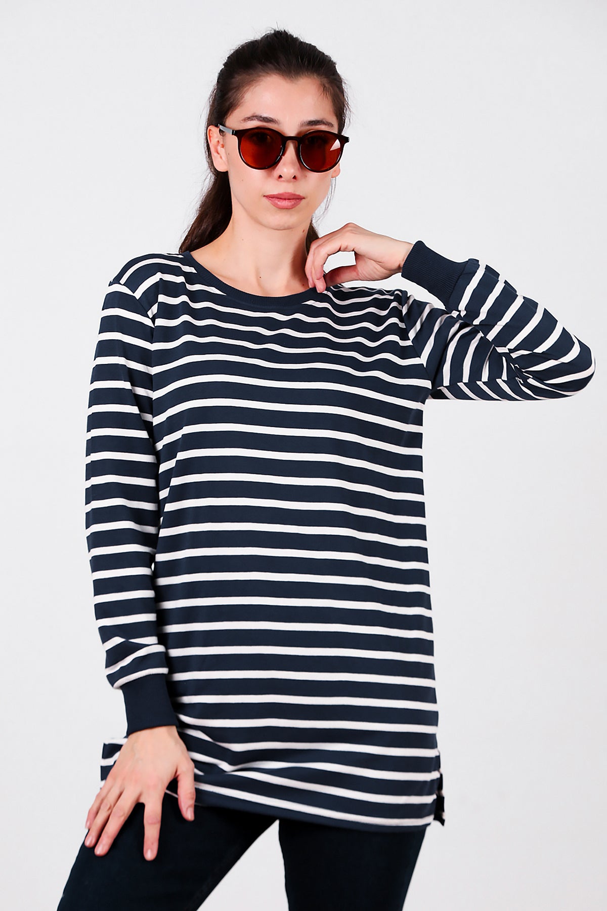 Kadın Yanı Yırtmaçlı Çizgili Tunik Lacivert