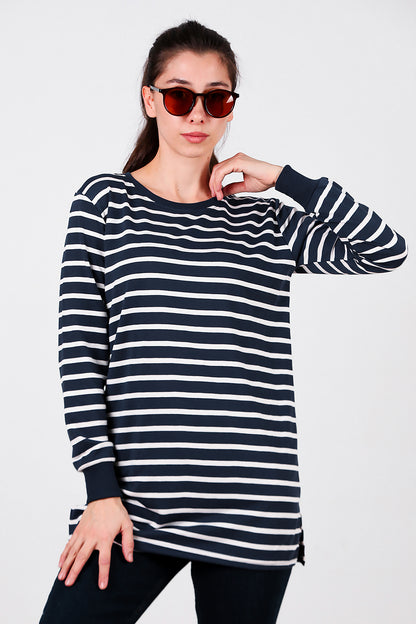 Kadın Yanı Yırtmaçlı Çizgili Tunik Lacivert