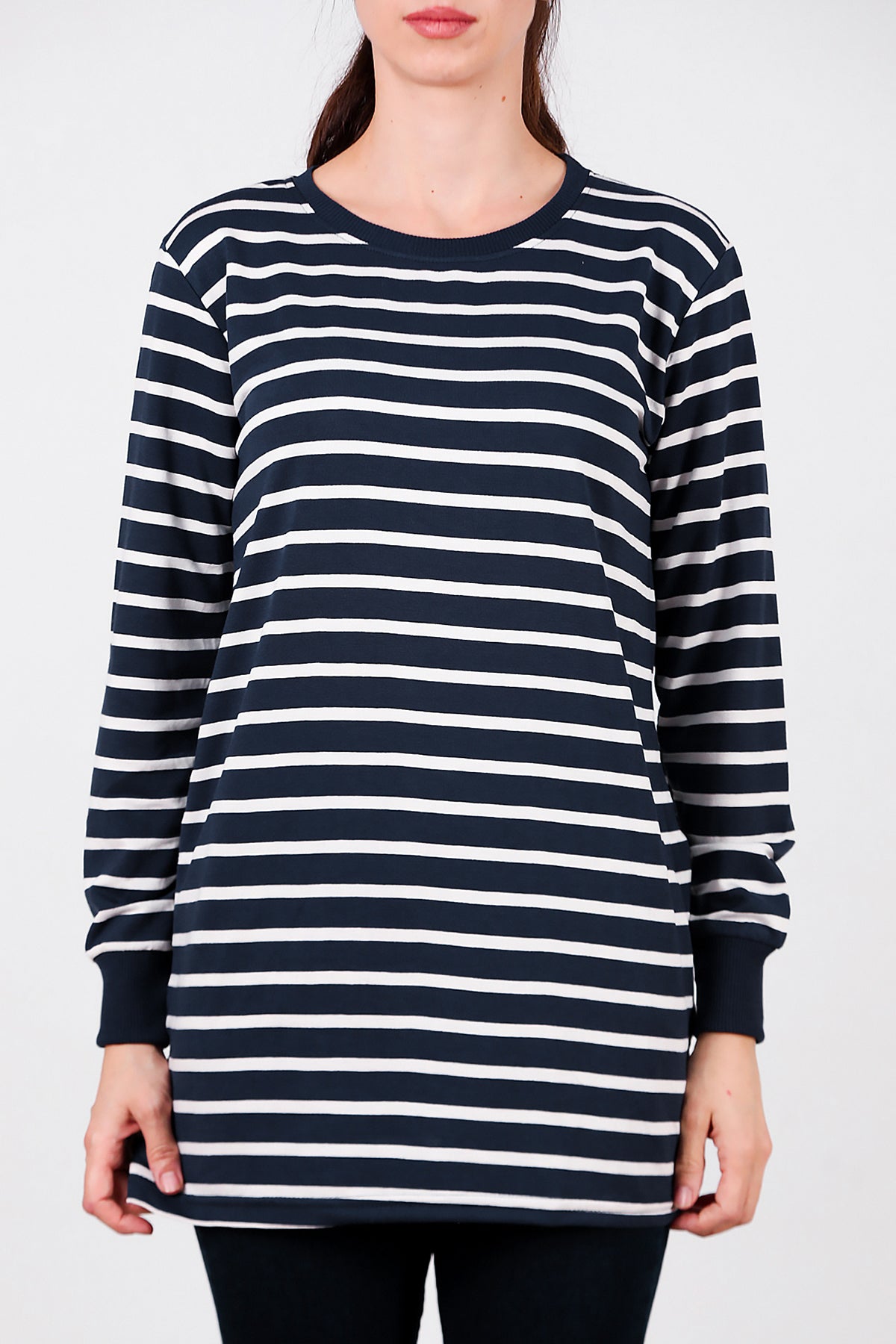 Kadın Yanı Yırtmaçlı Çizgili Tunik Lacivert