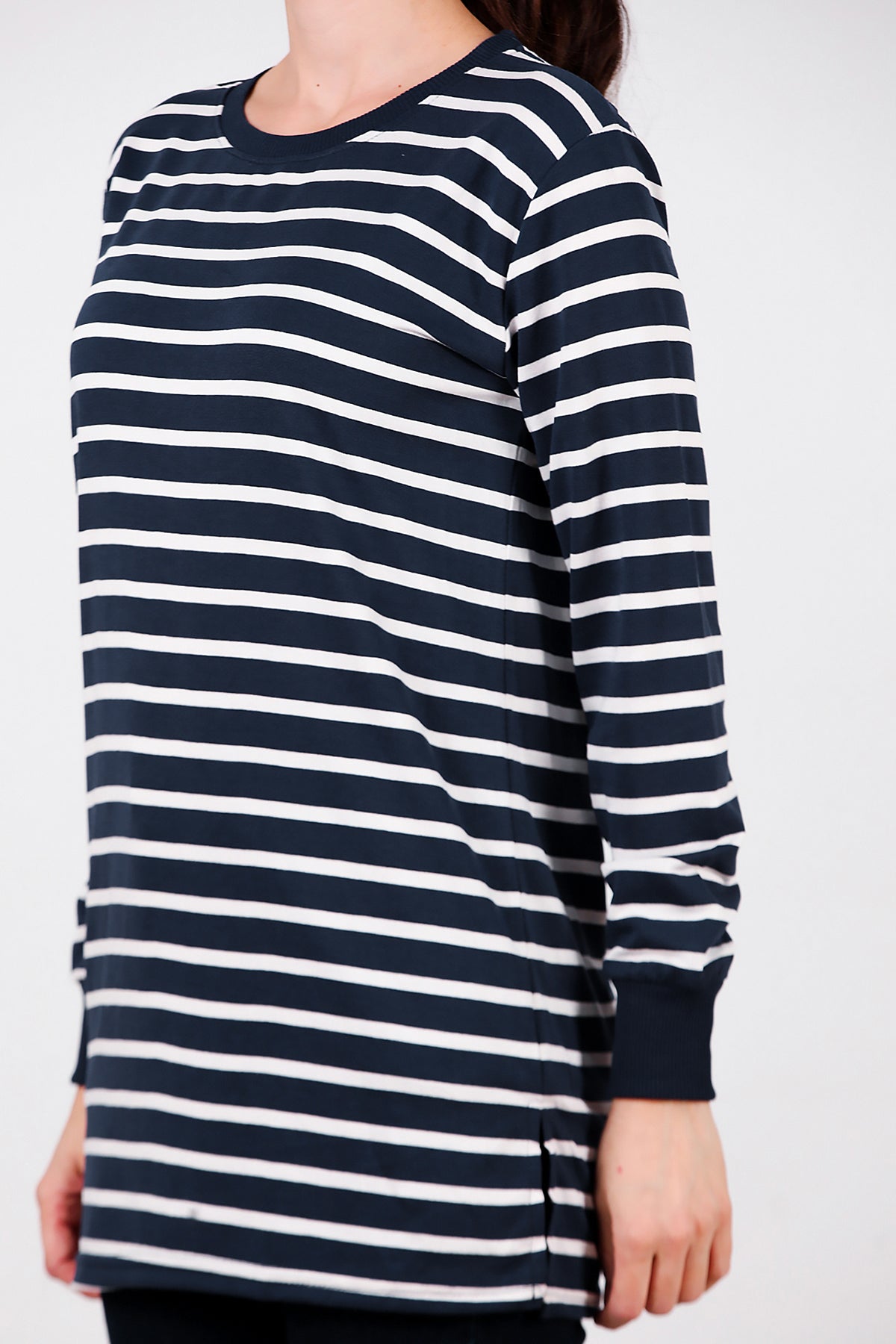 Kadın Yanı Yırtmaçlı Çizgili Tunik Lacivert