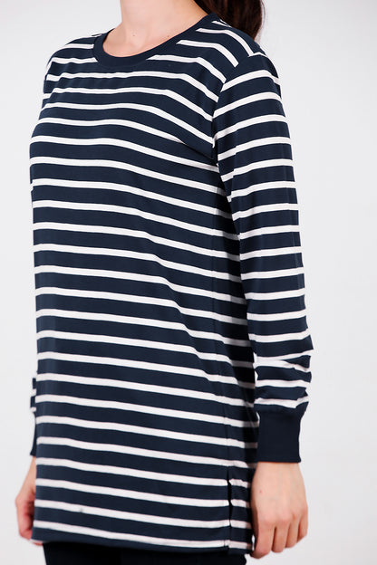 Kadın Yanı Yırtmaçlı Çizgili Tunik Lacivert