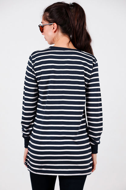 Kadın Yanı Yırtmaçlı Çizgili Tunik Lacivert