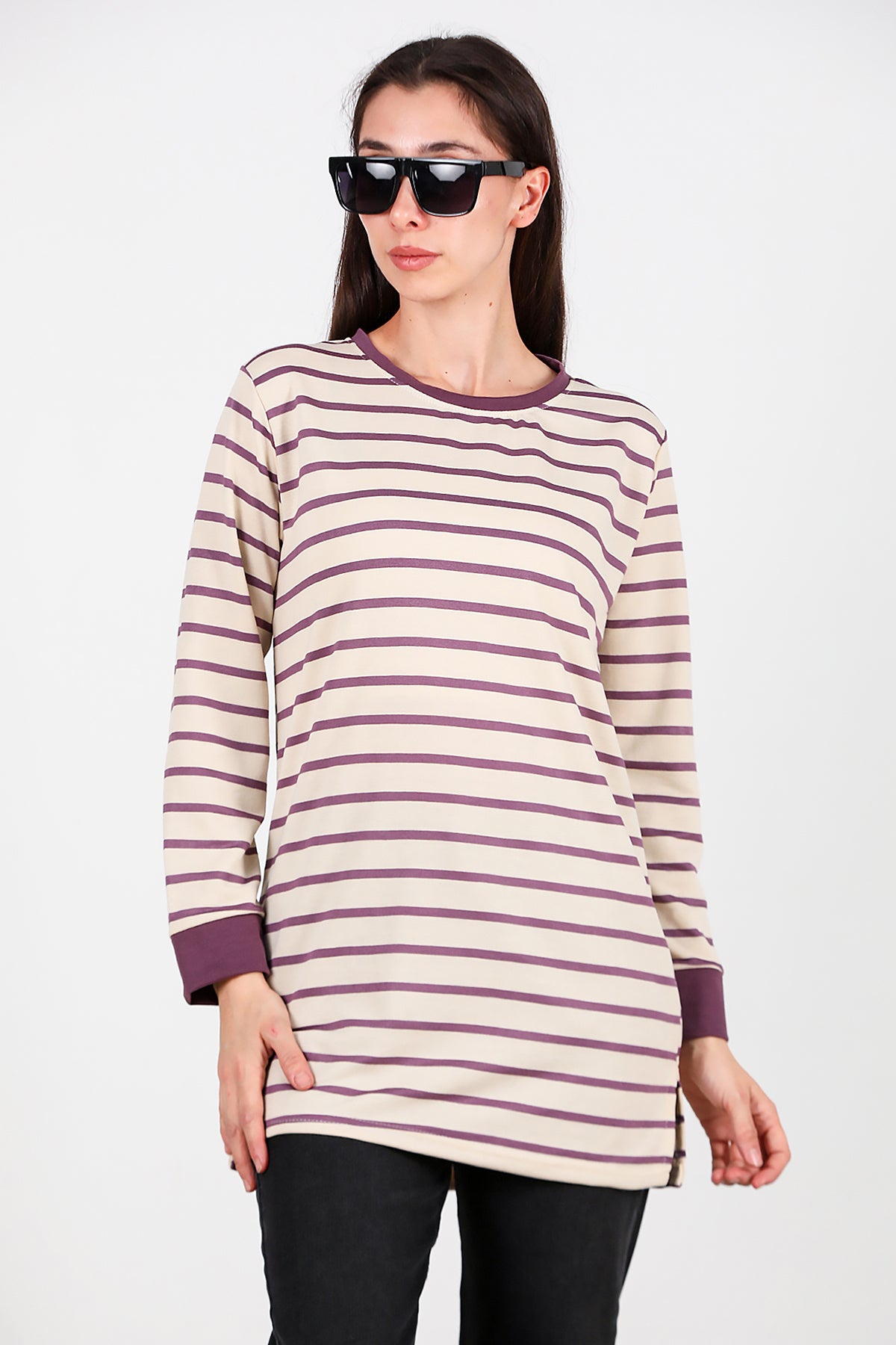Kadın Yanı Yırtmaçlı Çizgili Tunik Mor