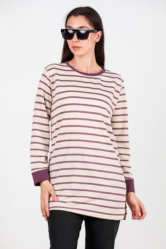 Kadın Yanı Yırtmaçlı Çizgili Tunik Mor