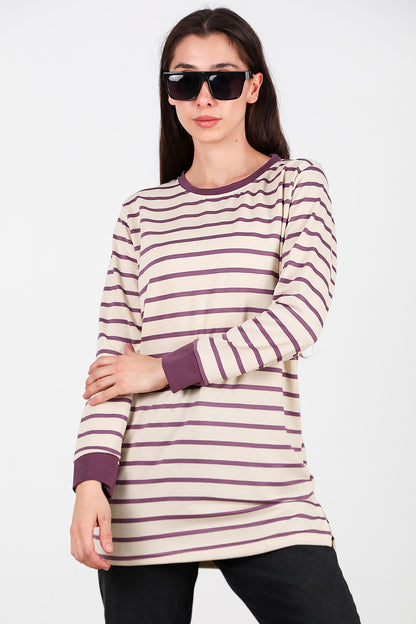 Kadın Yanı Yırtmaçlı Çizgili Tunik Mor