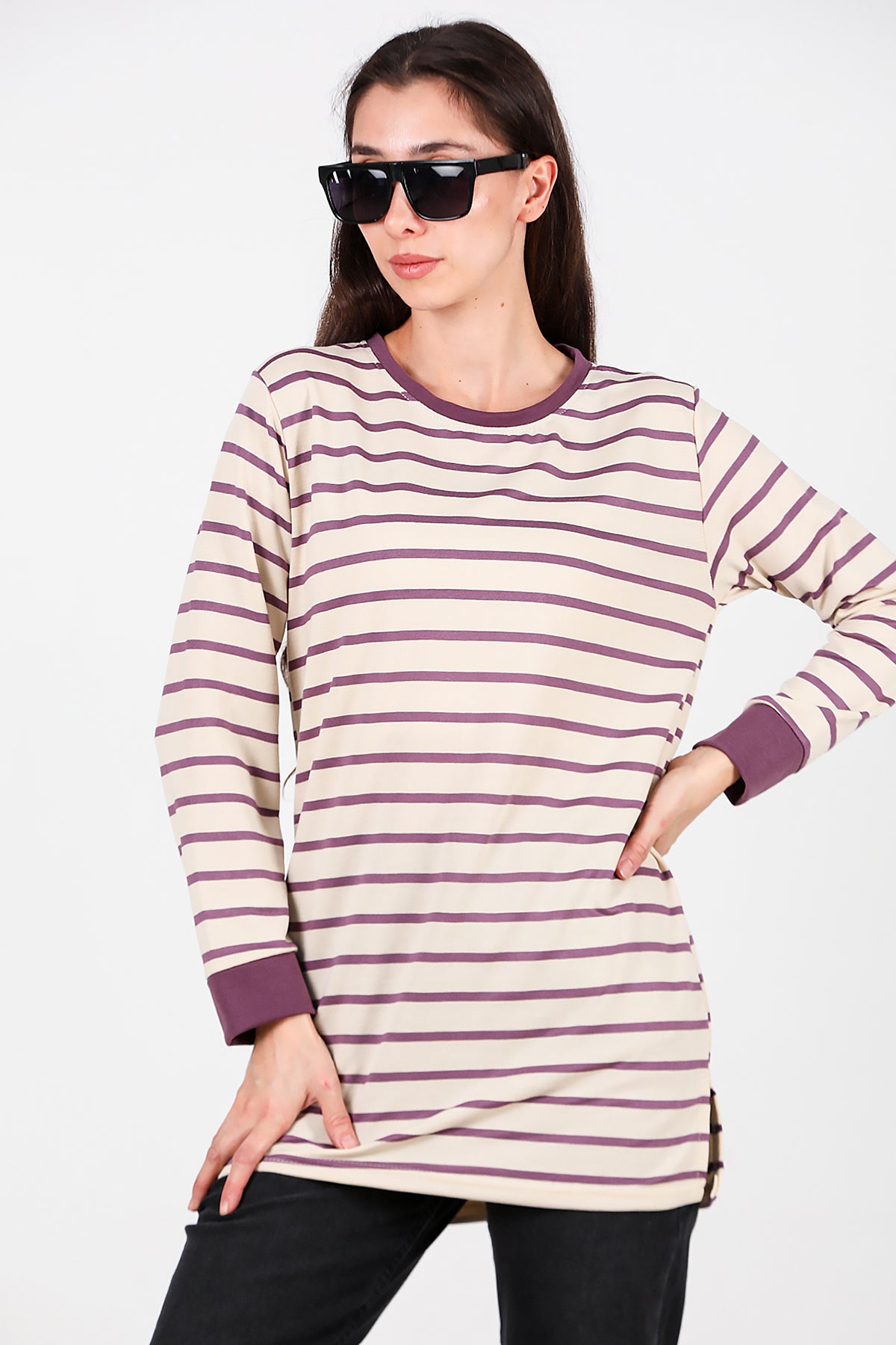 Kadın Yanı Yırtmaçlı Çizgili Tunik Mor