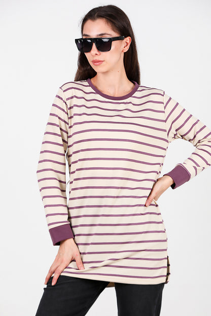 Kadın Yanı Yırtmaçlı Çizgili Tunik Mor