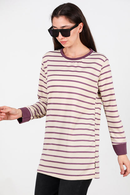 Kadın Yanı Yırtmaçlı Çizgili Tunik Mor
