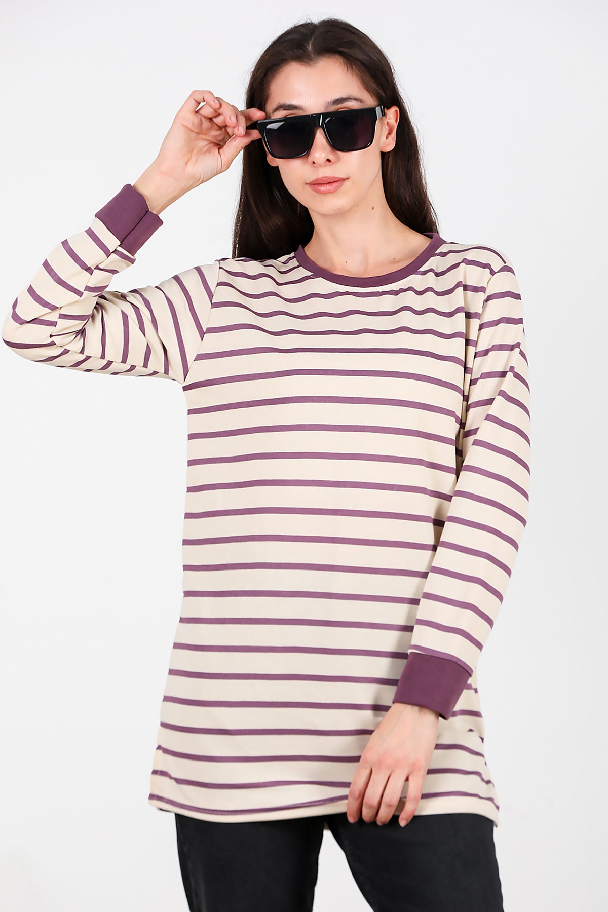 Kadın Yanı Yırtmaçlı Çizgili Tunik Mor