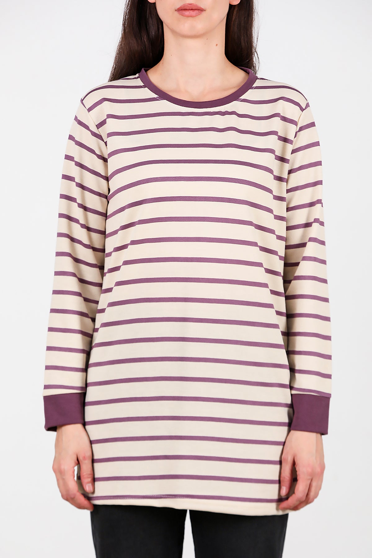 Kadın Yanı Yırtmaçlı Çizgili Tunik Mor