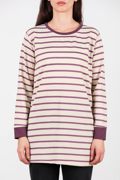 Kadın Yanı Yırtmaçlı Çizgili Tunik Mor