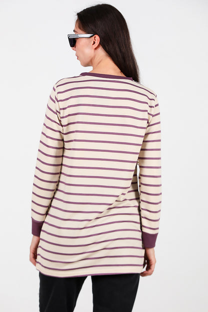 Kadın Yanı Yırtmaçlı Çizgili Tunik Mor