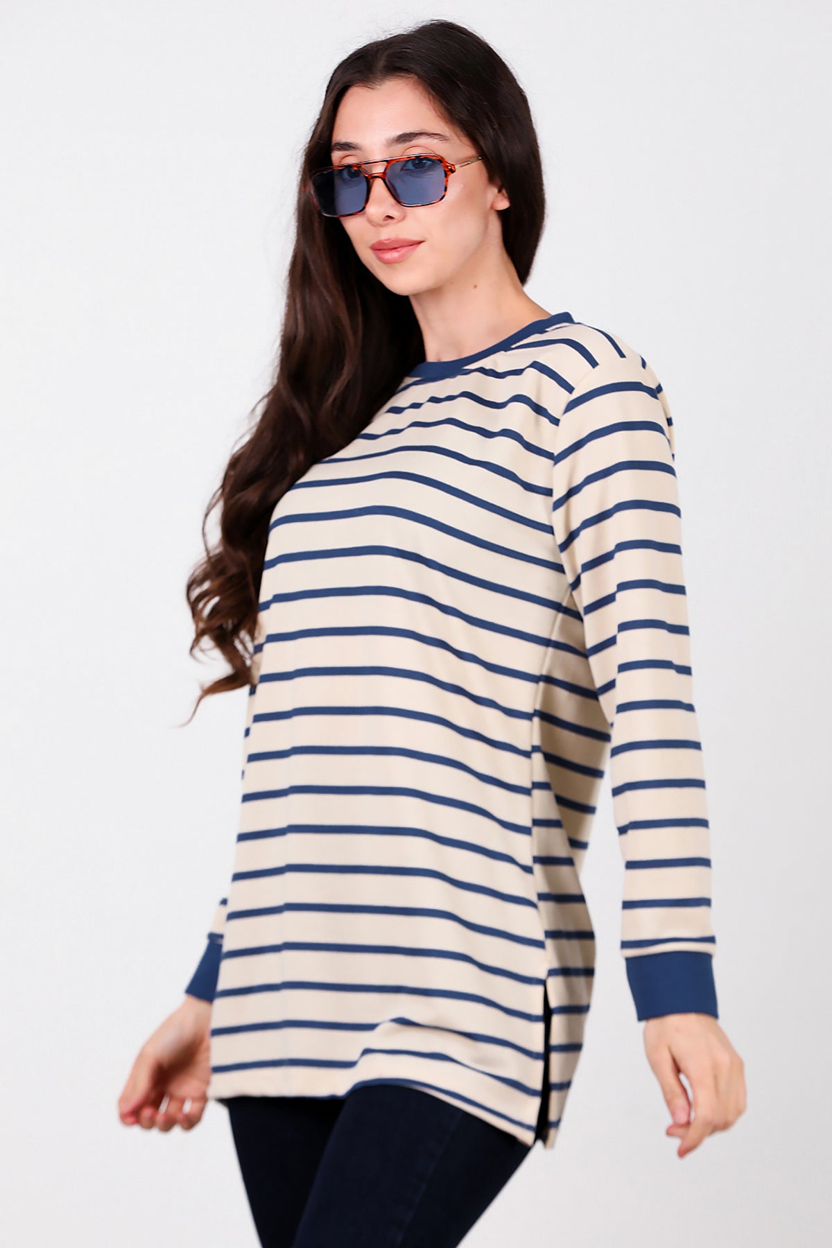 Kadın Yanı Yırtmaçlı Çizgili Tunik Mavi