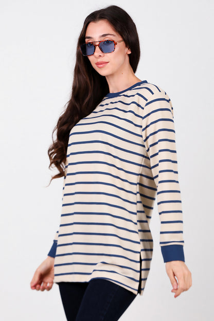 Kadın Yanı Yırtmaçlı Çizgili Tunik Mavi