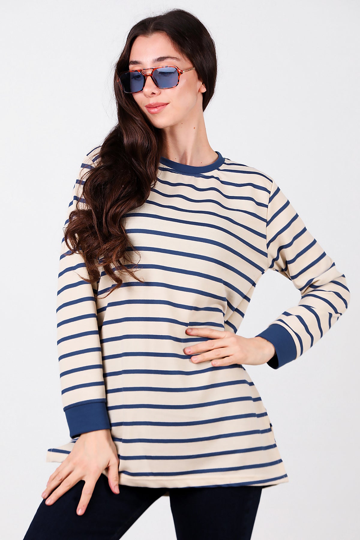 Kadın Yanı Yırtmaçlı Çizgili Tunik Mavi