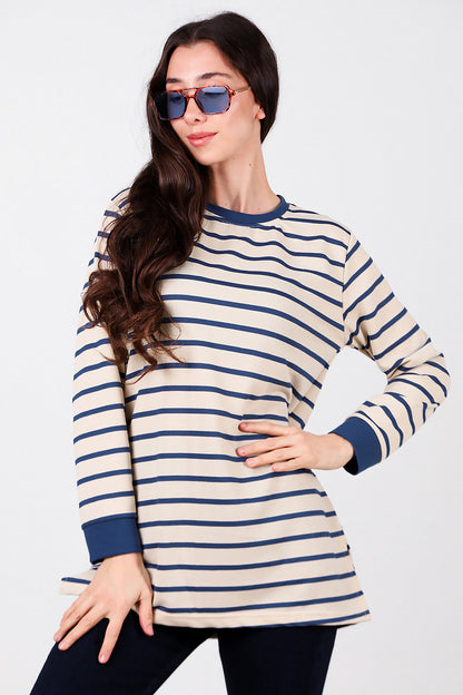 Kadın Yanı Yırtmaçlı Çizgili Tunik Mavi