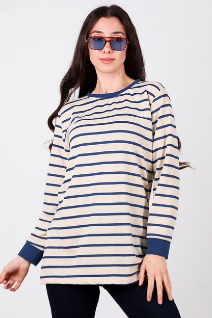 Kadın Yanı Yırtmaçlı Çizgili Tunik Mavi