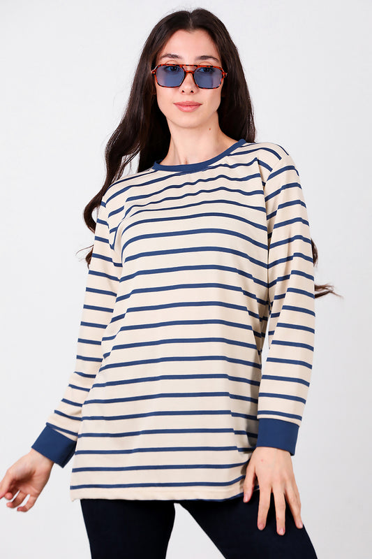 Kadın Yanı Yırtmaçlı Çizgili Tunik Mavi