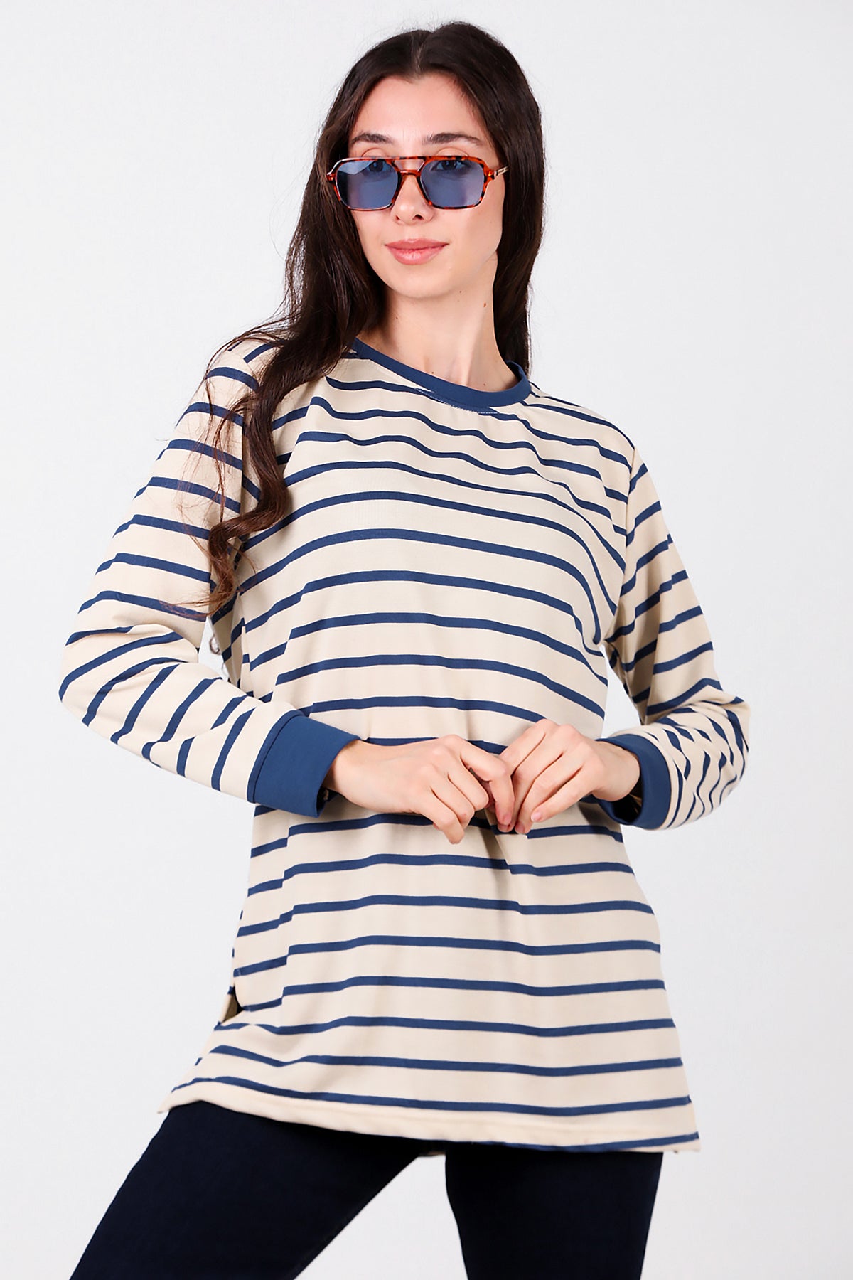 Kadın Yanı Yırtmaçlı Çizgili Tunik Mavi