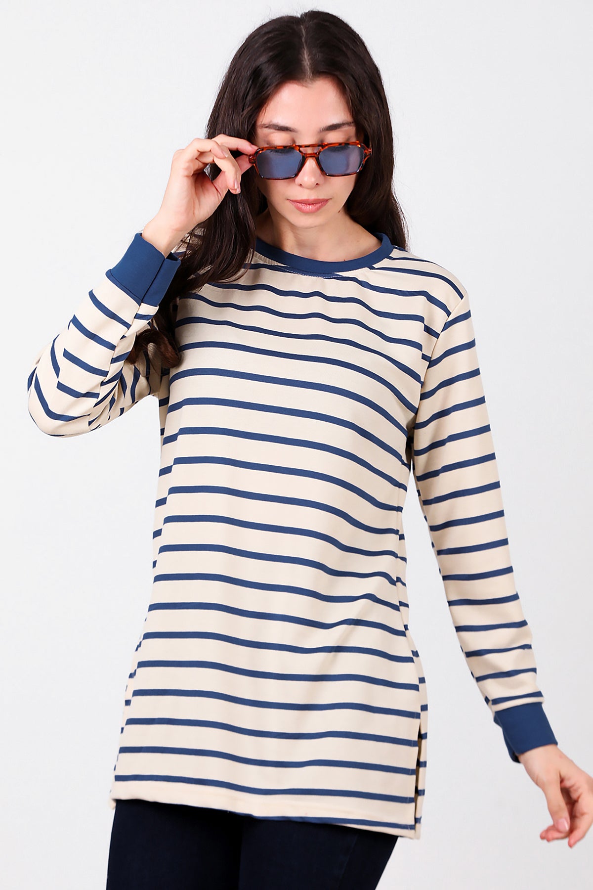 Kadın Yanı Yırtmaçlı Çizgili Tunik Mavi