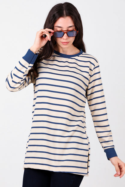 Kadın Yanı Yırtmaçlı Çizgili Tunik Mavi