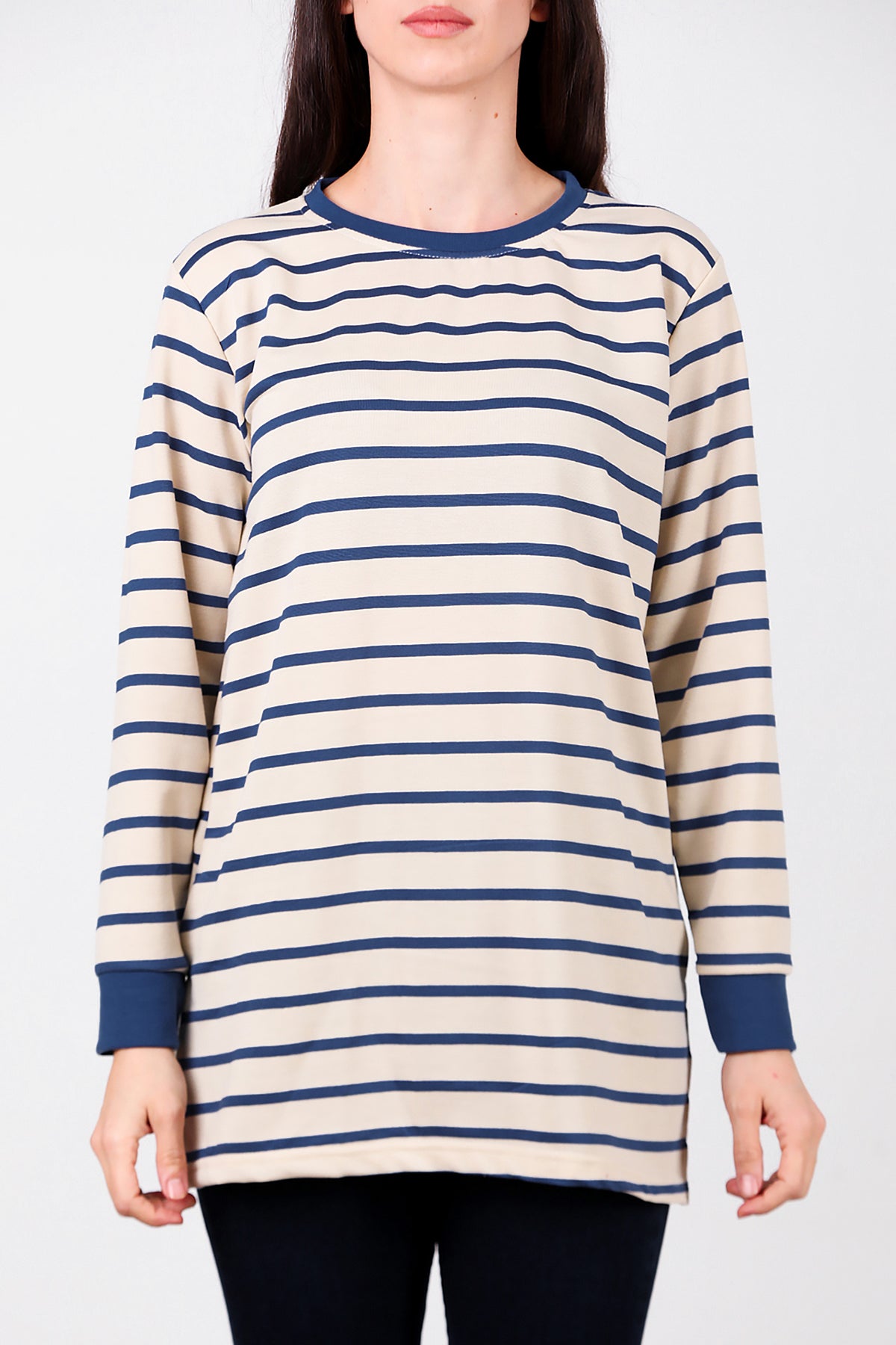 Kadın Yanı Yırtmaçlı Çizgili Tunik Mavi