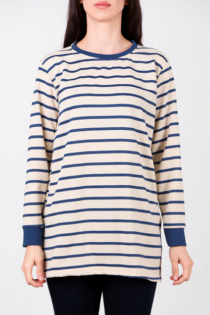 Kadın Yanı Yırtmaçlı Çizgili Tunik Mavi