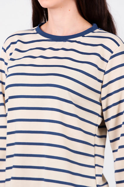 Kadın Yanı Yırtmaçlı Çizgili Tunik Mavi