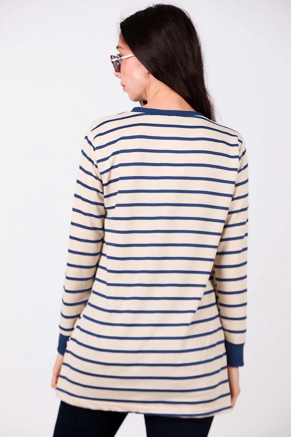 Kadın Yanı Yırtmaçlı Çizgili Tunik Mavi