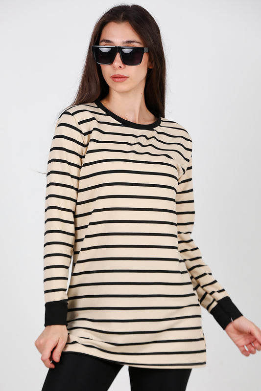 Kadın Yanı Yırtmaçlı Çizgili Tunik Siyah