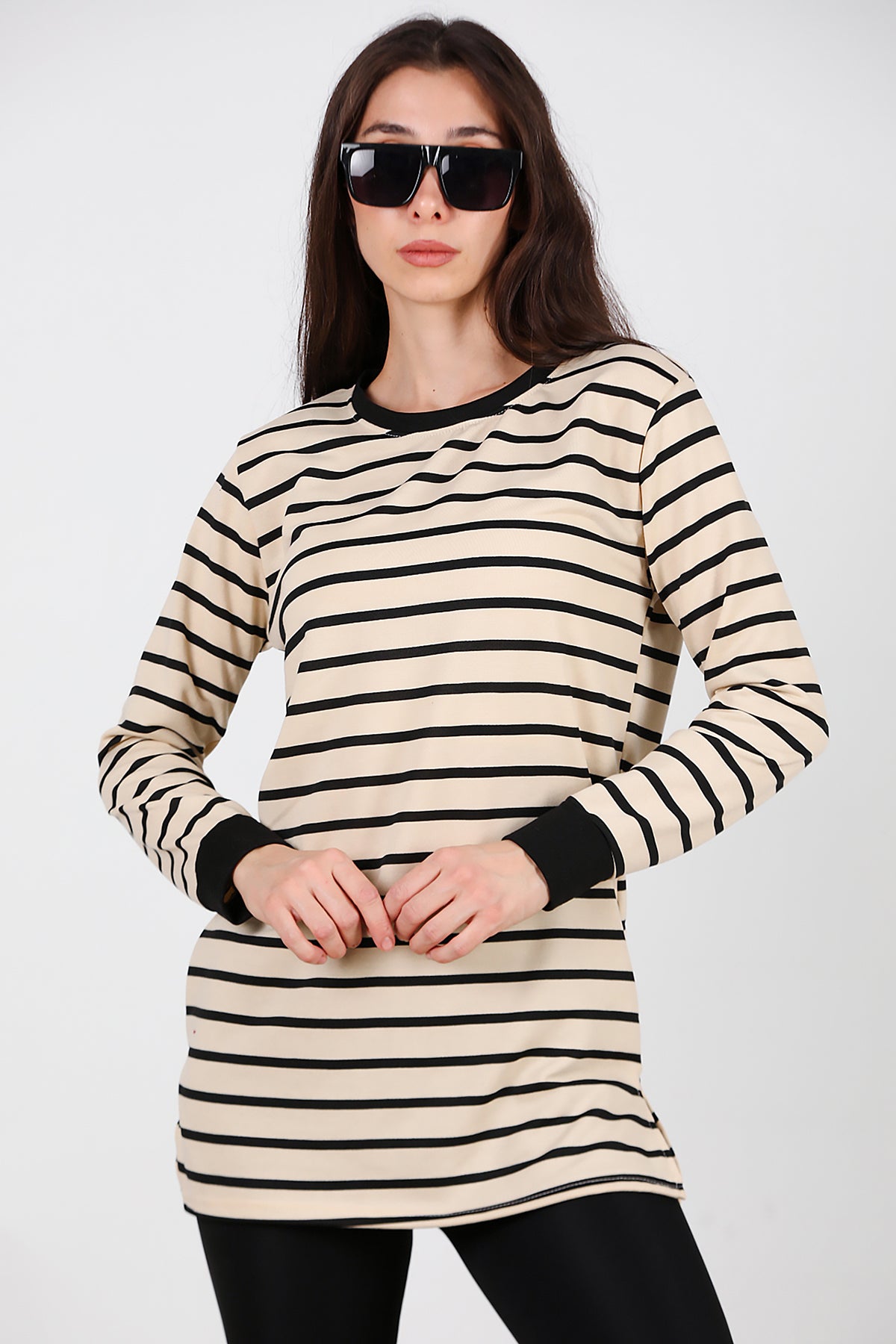 Kadın Yanı Yırtmaçlı Çizgili Tunik Siyah