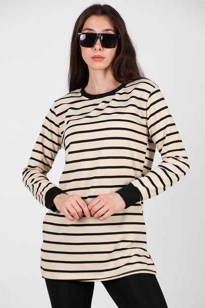 Kadın Yanı Yırtmaçlı Çizgili Tunik Siyah